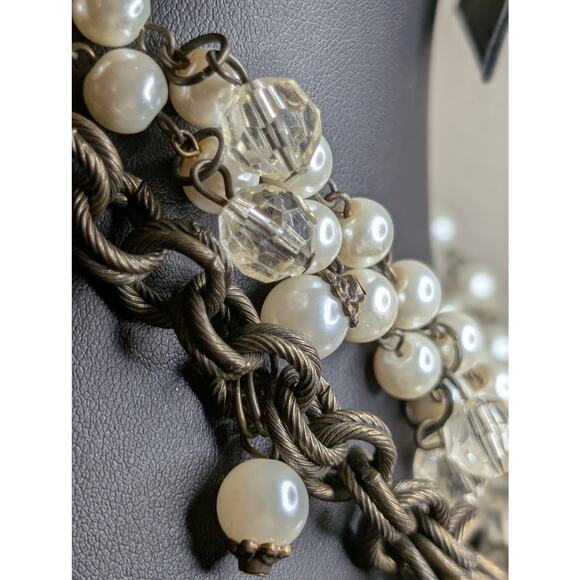 Plunder Antiqued Chain Three Strand Pearl Crystal Chunky Layered Toggle Necklace - Picture 2 of 8